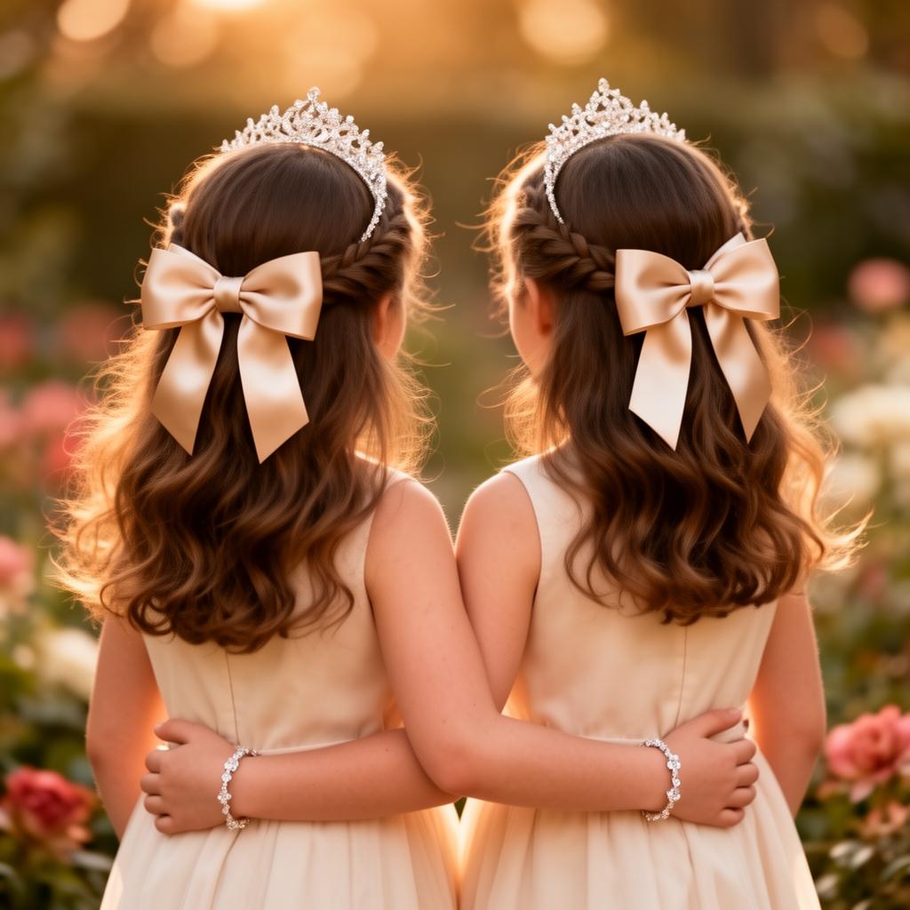 Duas melhores amigas usando laços e tiaras combinando
