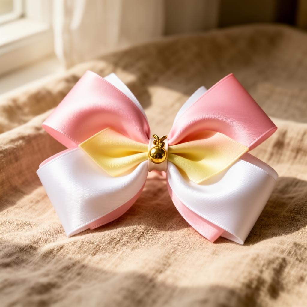 Laço Flor da Promessa em fita de cetim rosa, branco e amarelo